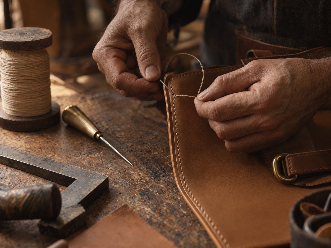 Hands hand-stitching the edge of a camel-tan leather bag panel