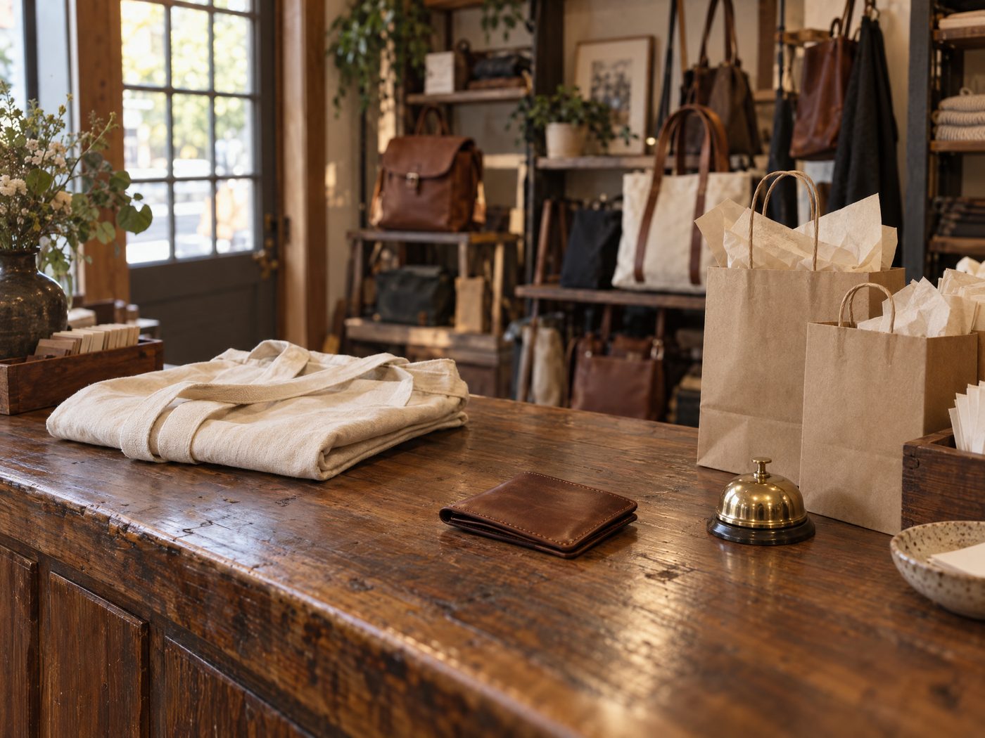 Packing counter and kraft paper at the Tin Bucket Mercantile shop