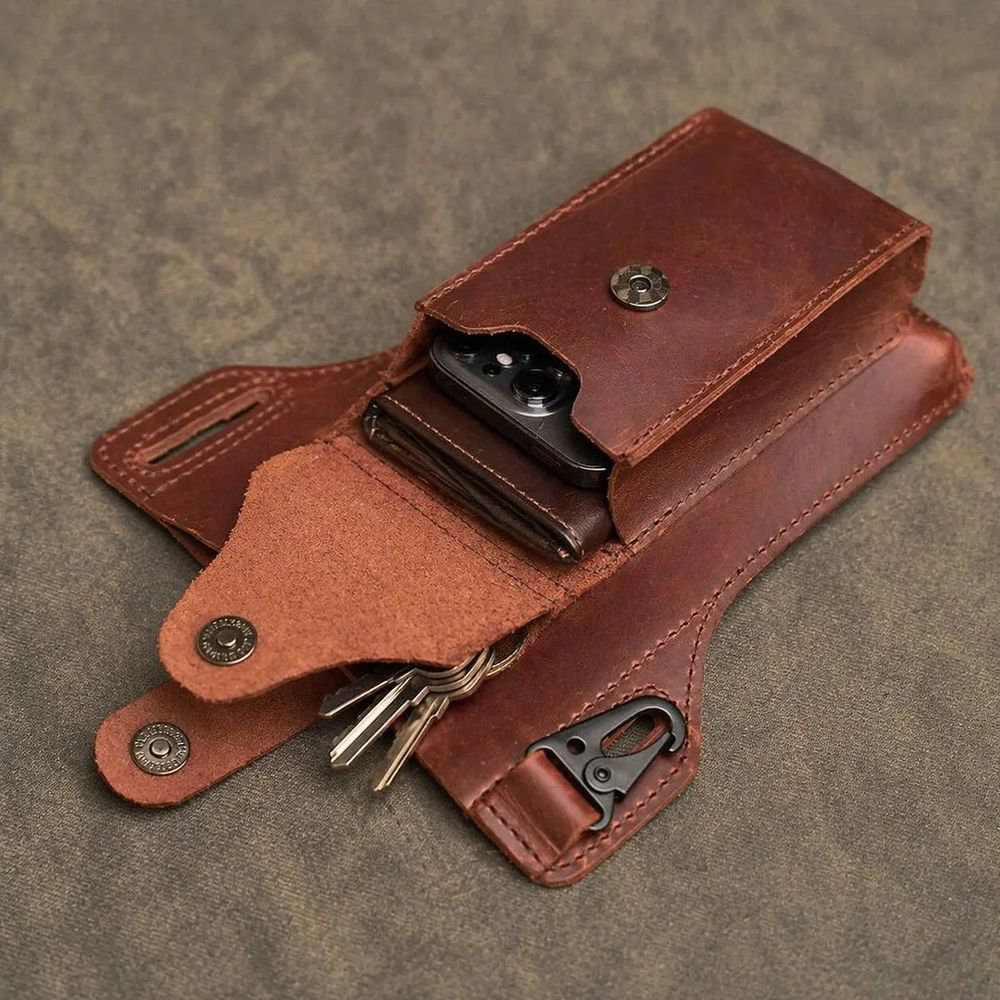 Genuine Leather Men’s Waist Bag, Retro Phone detail photo 3