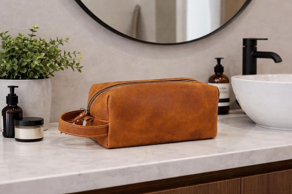 Genuine Leather Toiletry Bag – Retro Crazy detail photo 2