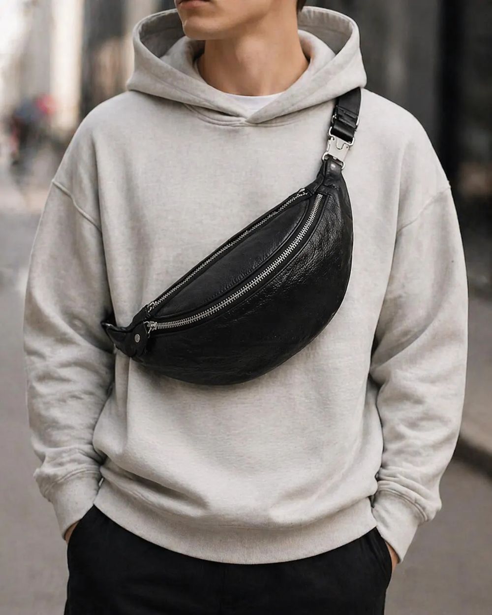 Genuine Leather Waist Bag, Black Fanny detail photo 4