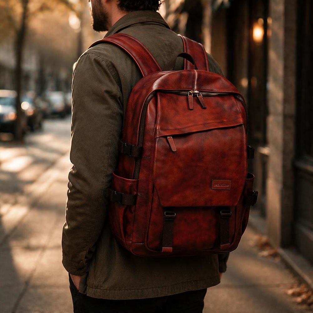 Handmade Brushed Cowhide Leather Backpack – Unisex detail photo 3
