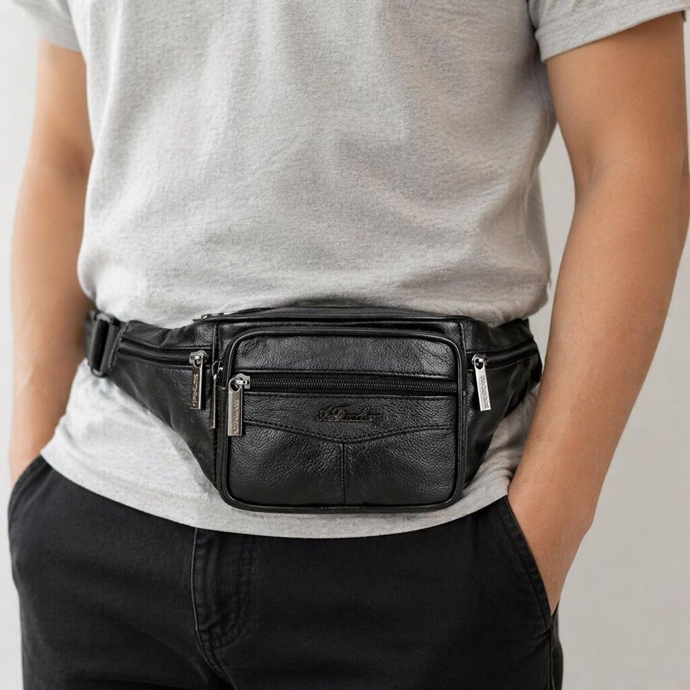 Men's Black PU Leather Waist Bag detail photo 4