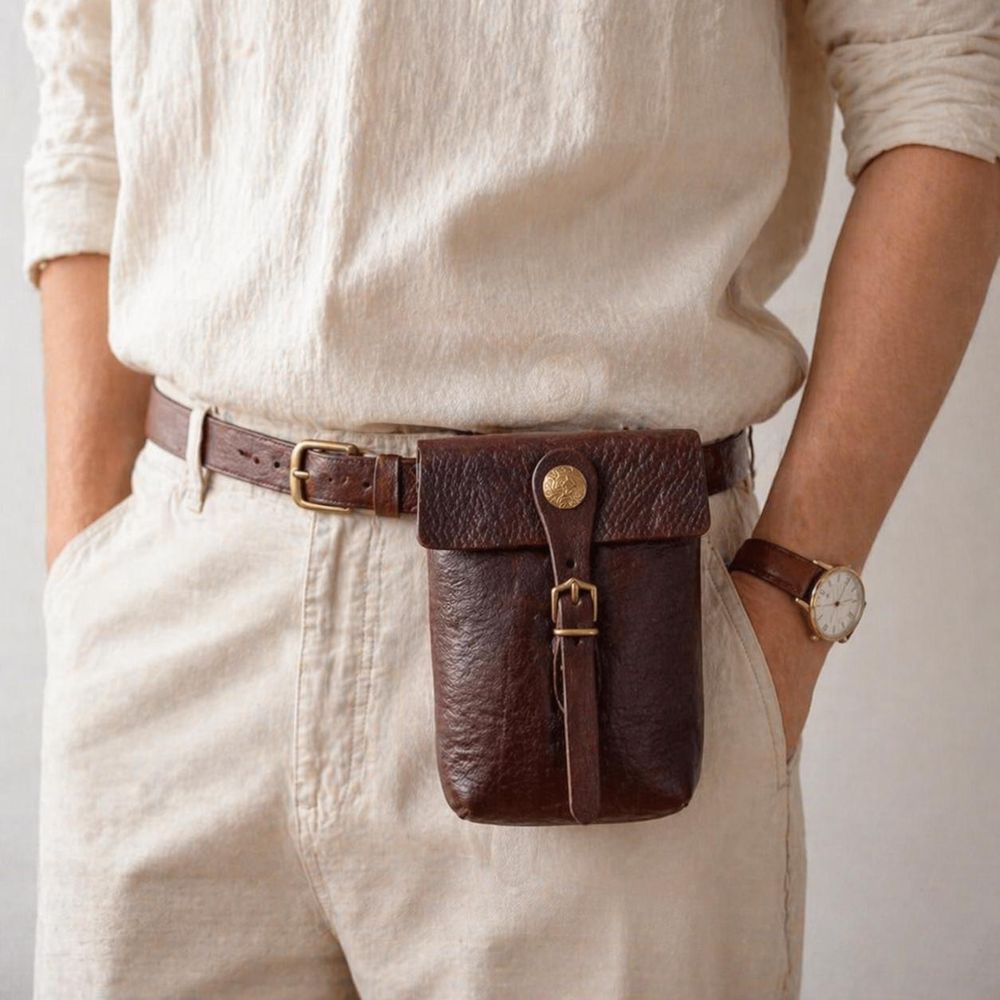 Men's Cowhide Leather Vertical Waist Bag detail photo 4
