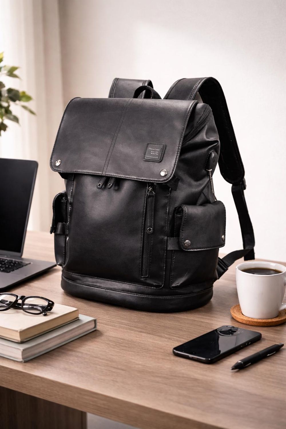 Men's Luxury Black Leather Backpack detail photo 2