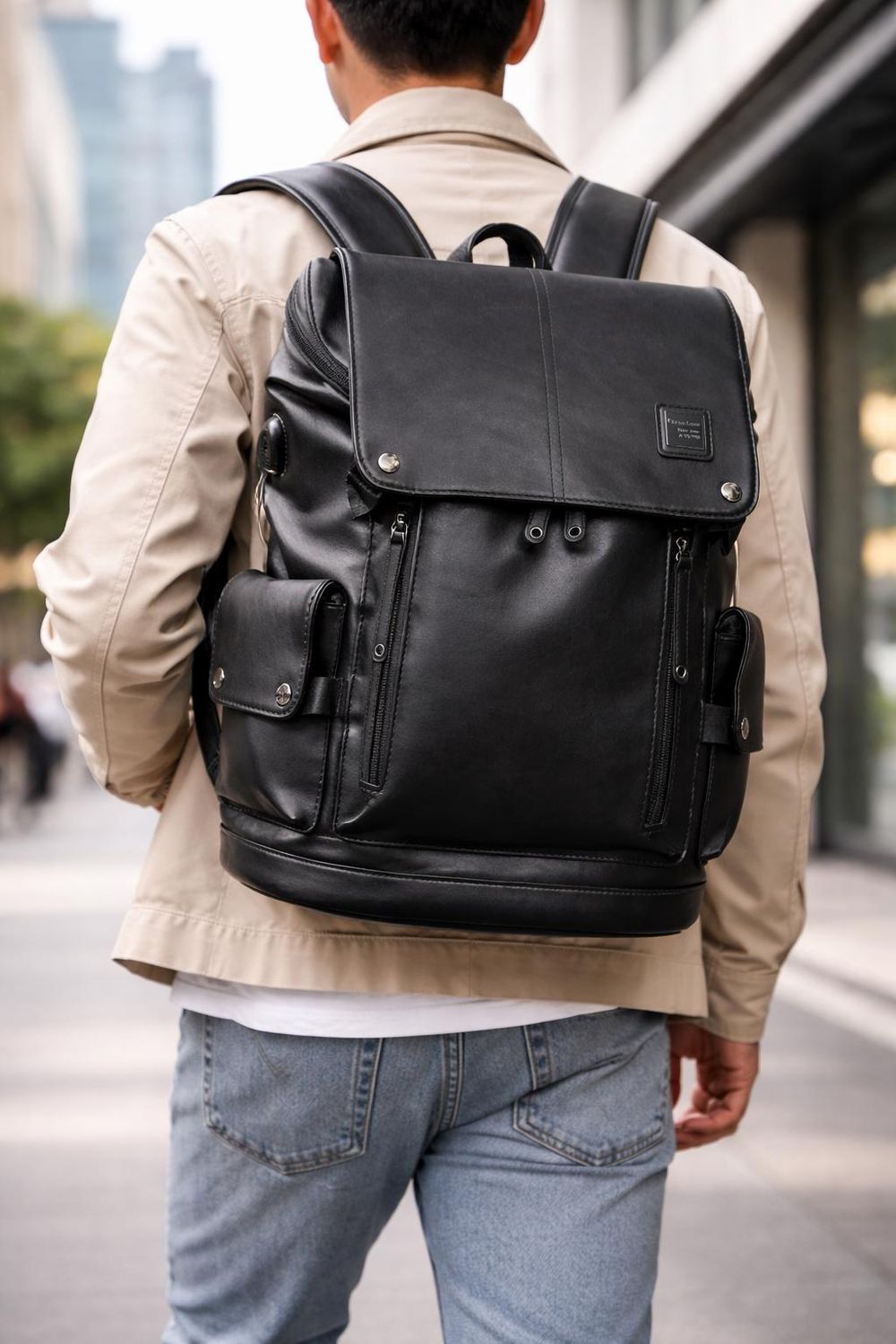 Men's Luxury Black Leather Backpack detail photo 3