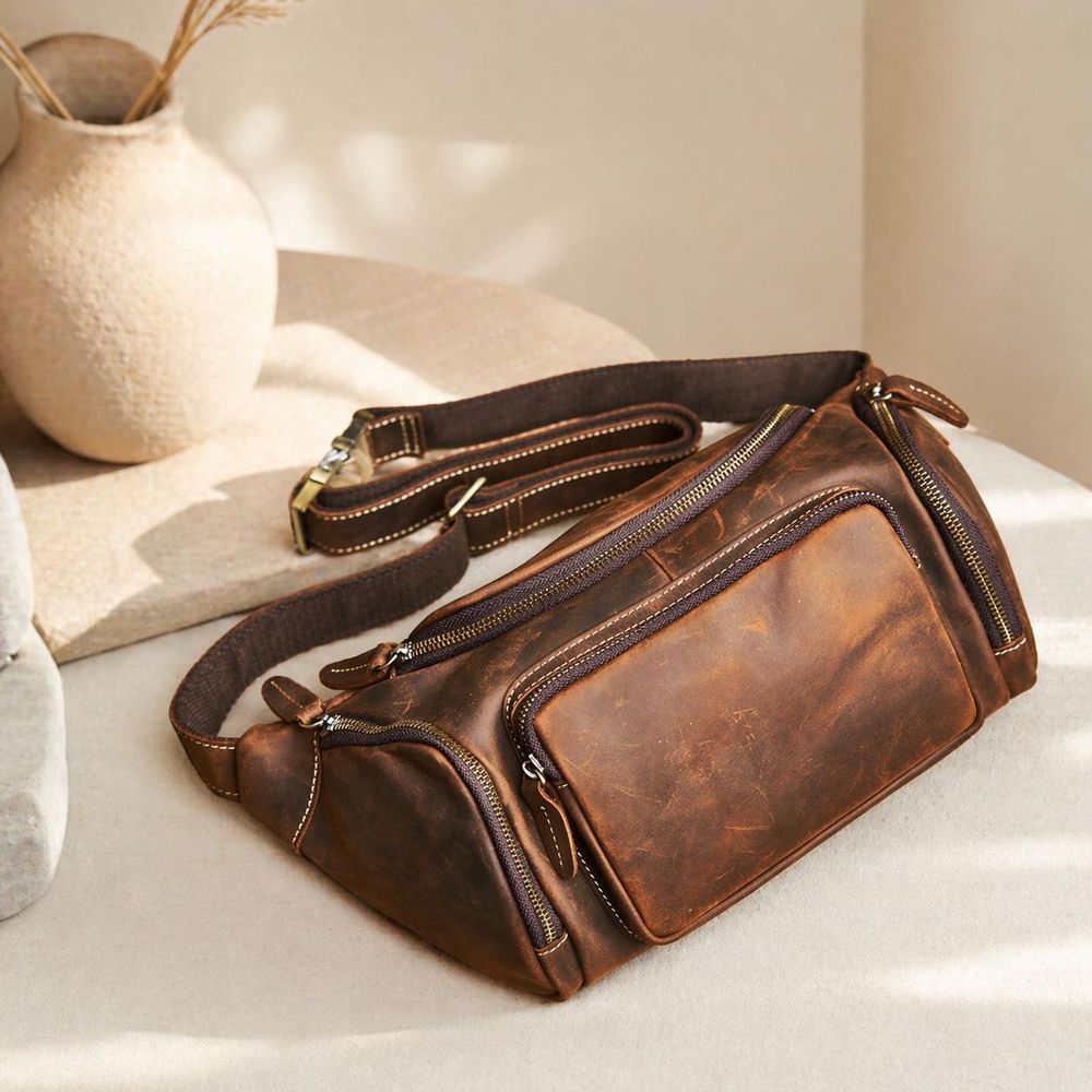 Men's Retro Leather Crossbody Chest Bag - Waist Bag from Tin Bucket Mercantile