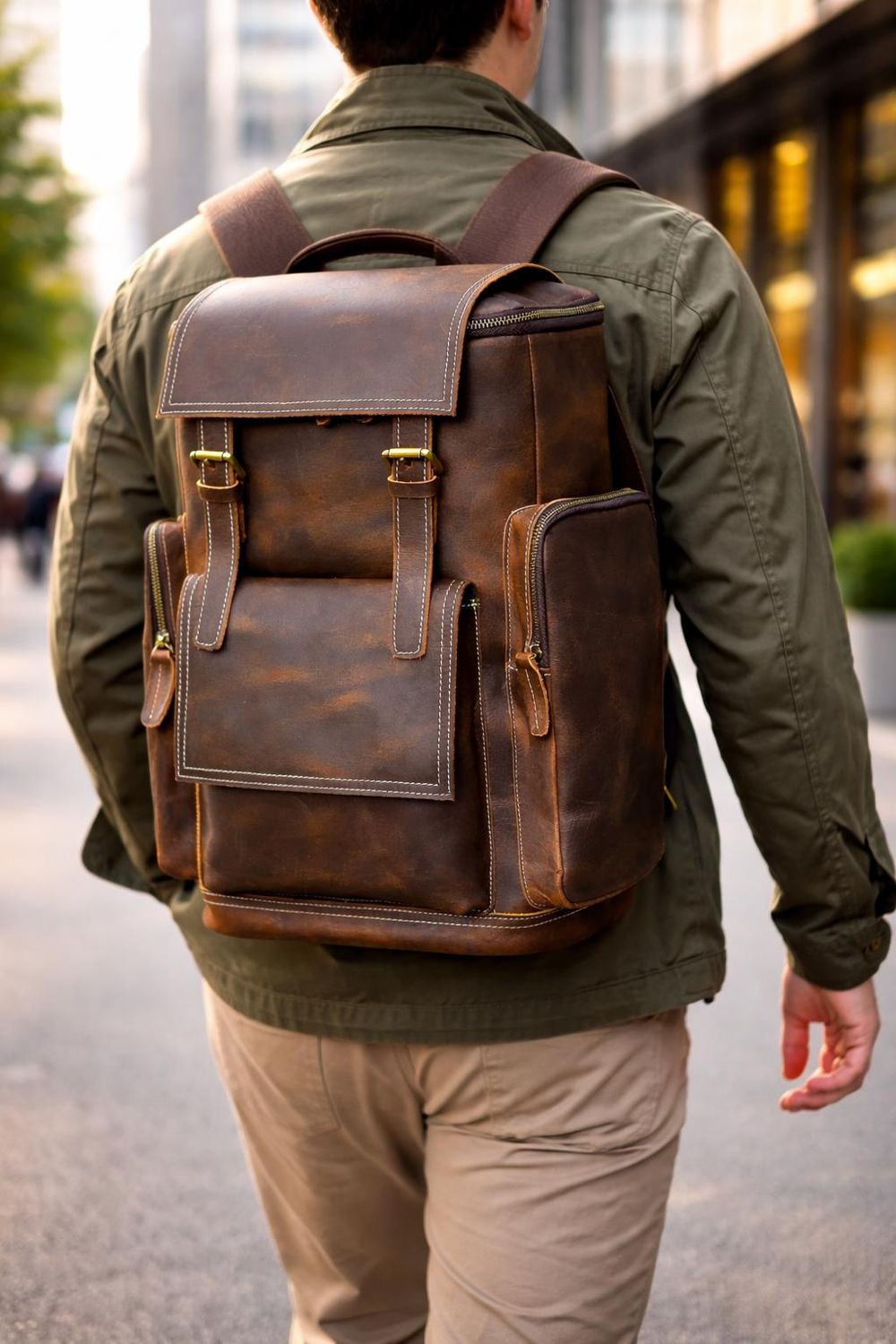 Retro Crazy Horse Leather Men’s Backpack detail photo 3