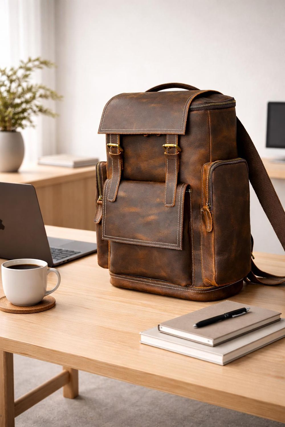 Retro Crazy Horse Leather Men’s Backpack detail photo 4