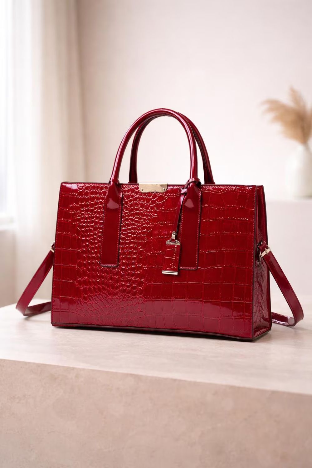 Vintage Crocodile Embossed PU Leather Tote Handbag detail photo 2