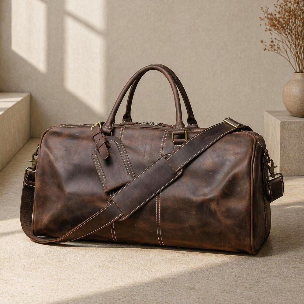 Vintage First Layer Cowhide Leather Duffle Bag - Travel Bag from Tin Bucket Mercantile