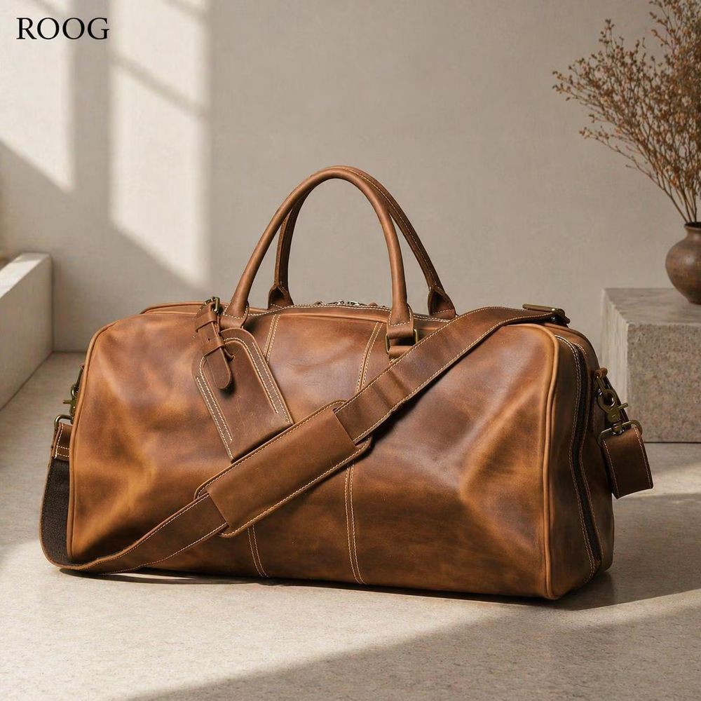 Vintage First Layer Cowhide Leather Duffle Bag detail photo 2